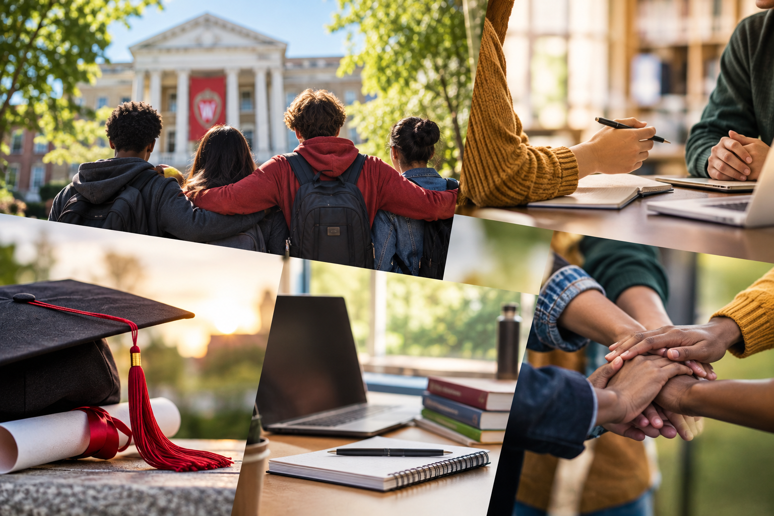 A decorative collage implying various college memories, such as friendship, studying, and graduation.